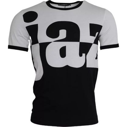 Camiseta de algodón de manga corta con estampado de jazz en blanco y negro