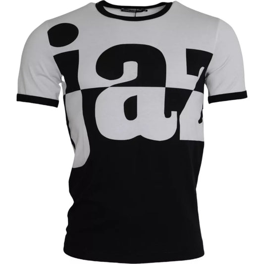 Camiseta de algodón de manga corta con estampado de jazz en blanco y negro