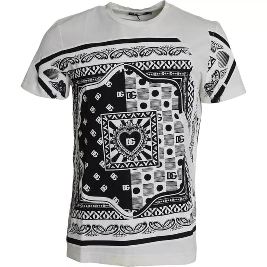 Camiseta de algodón de manga corta con estampado de bandana blanca para hombre