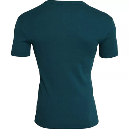 Camiseta de algodón azul verdosa con cuello redondo y manga corta