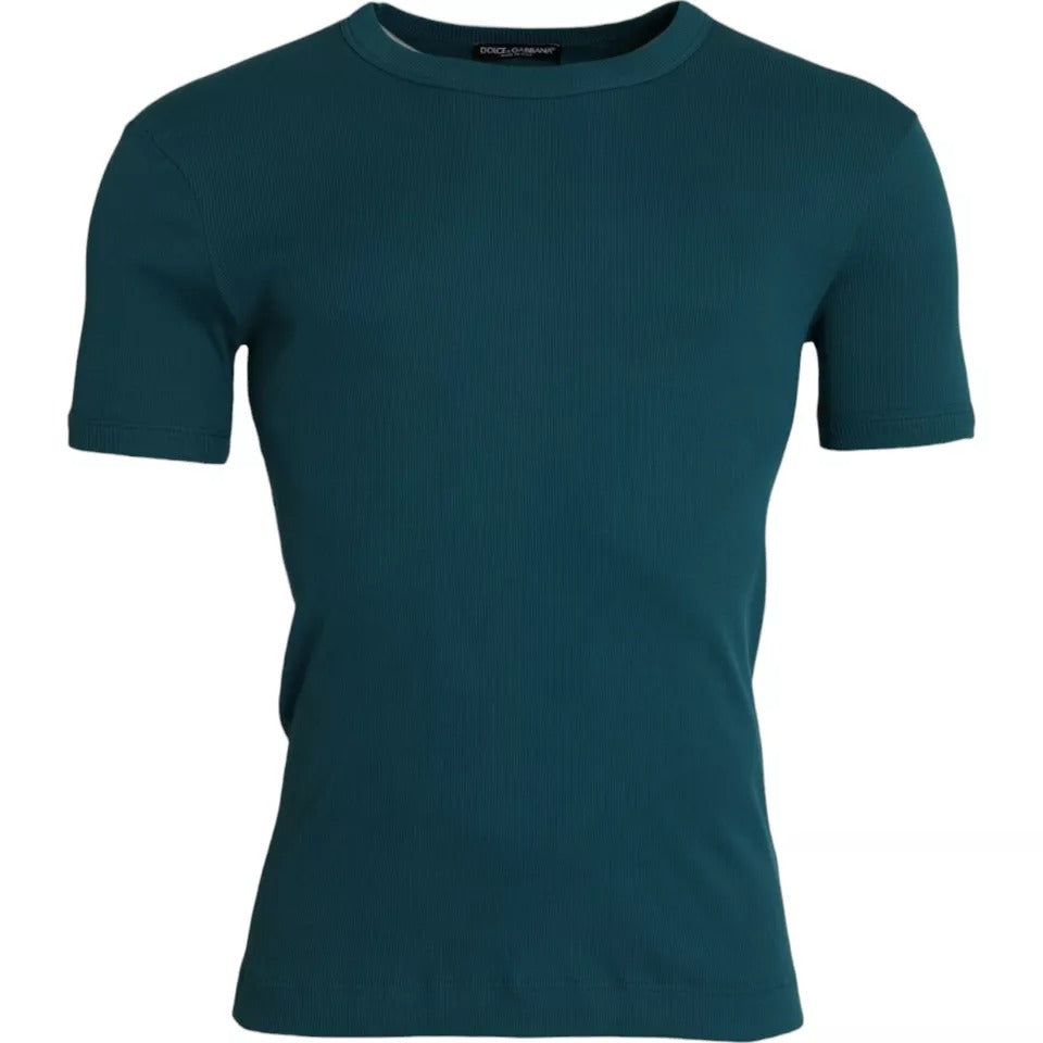 Camiseta de algodón azul verdosa con cuello redondo y manga corta