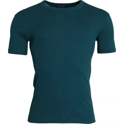 Camiseta de algodón azul verdosa con cuello redondo y manga corta