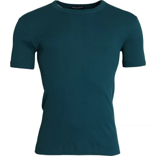 Camiseta de algodón azul verdosa con cuello redondo y manga corta