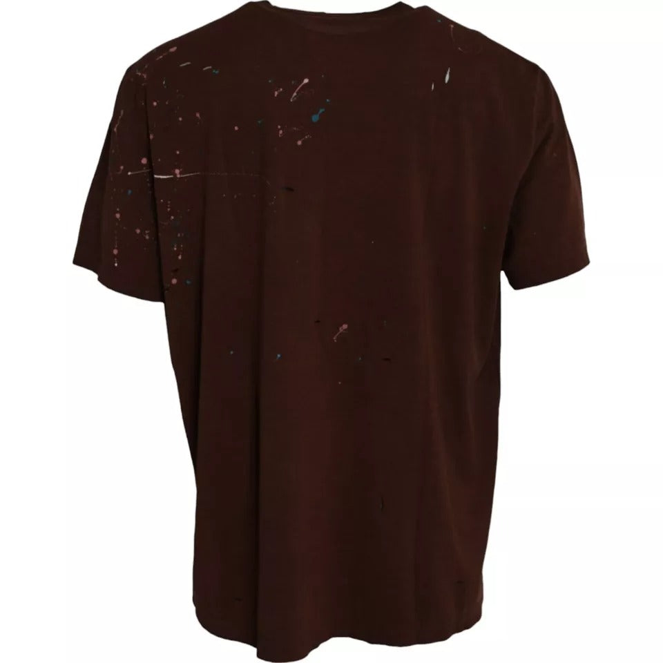 Camiseta de algodón con cuello redondo y salpicaduras de color marrón