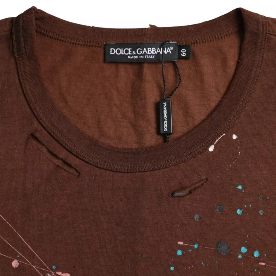Camiseta de algodón con cuello redondo y salpicaduras de color marrón