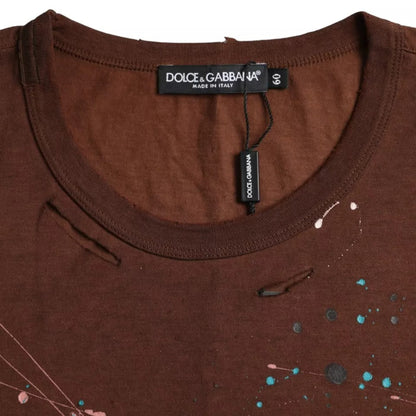Camiseta de algodón con cuello redondo y salpicaduras de color marrón