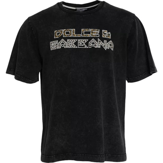 Camiseta de algodón con cuello redondo y estampado de logotipo negro para hombre