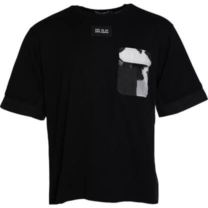 Camiseta de manga corta de algodón negra con bolsillo para hombre