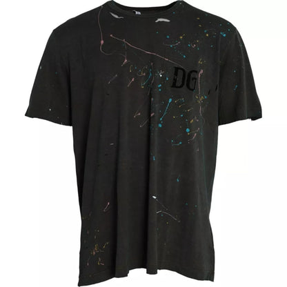 Camiseta de algodón con cuello redondo y salpicaduras de color gris