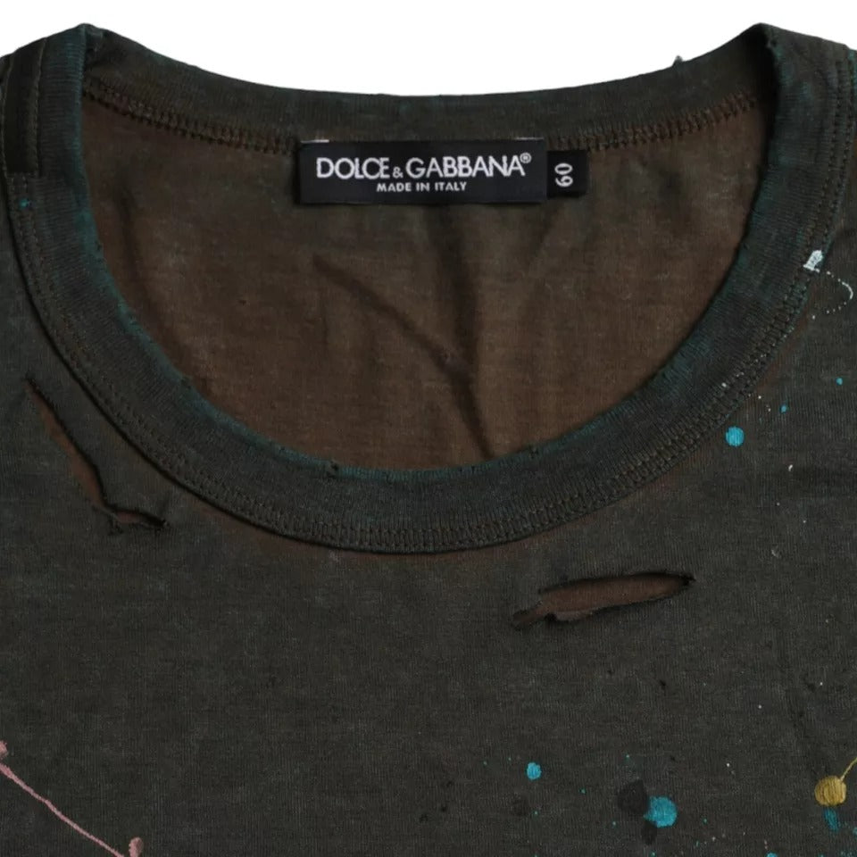 Camiseta de algodón con cuello redondo y salpicaduras de color gris