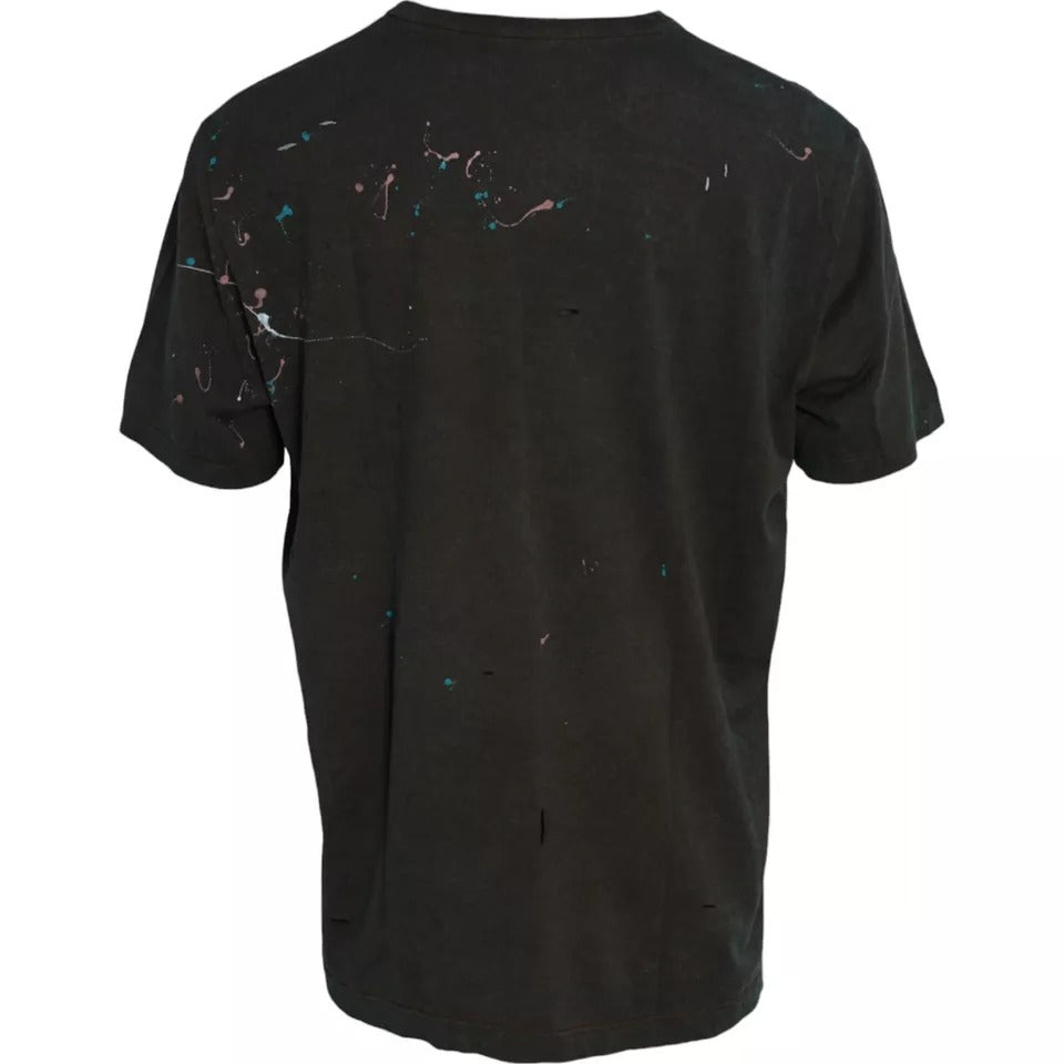 Camiseta de algodón con cuello redondo y salpicaduras de color gris