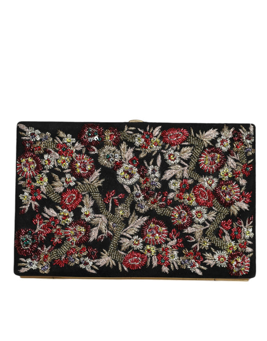 Bolso de noche tipo clutch con marco dorado y flores multicolores