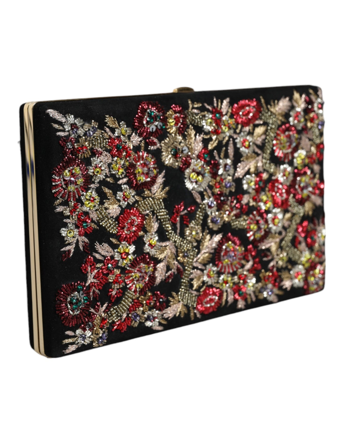 Bolso de noche tipo clutch con marco dorado y flores multicolores