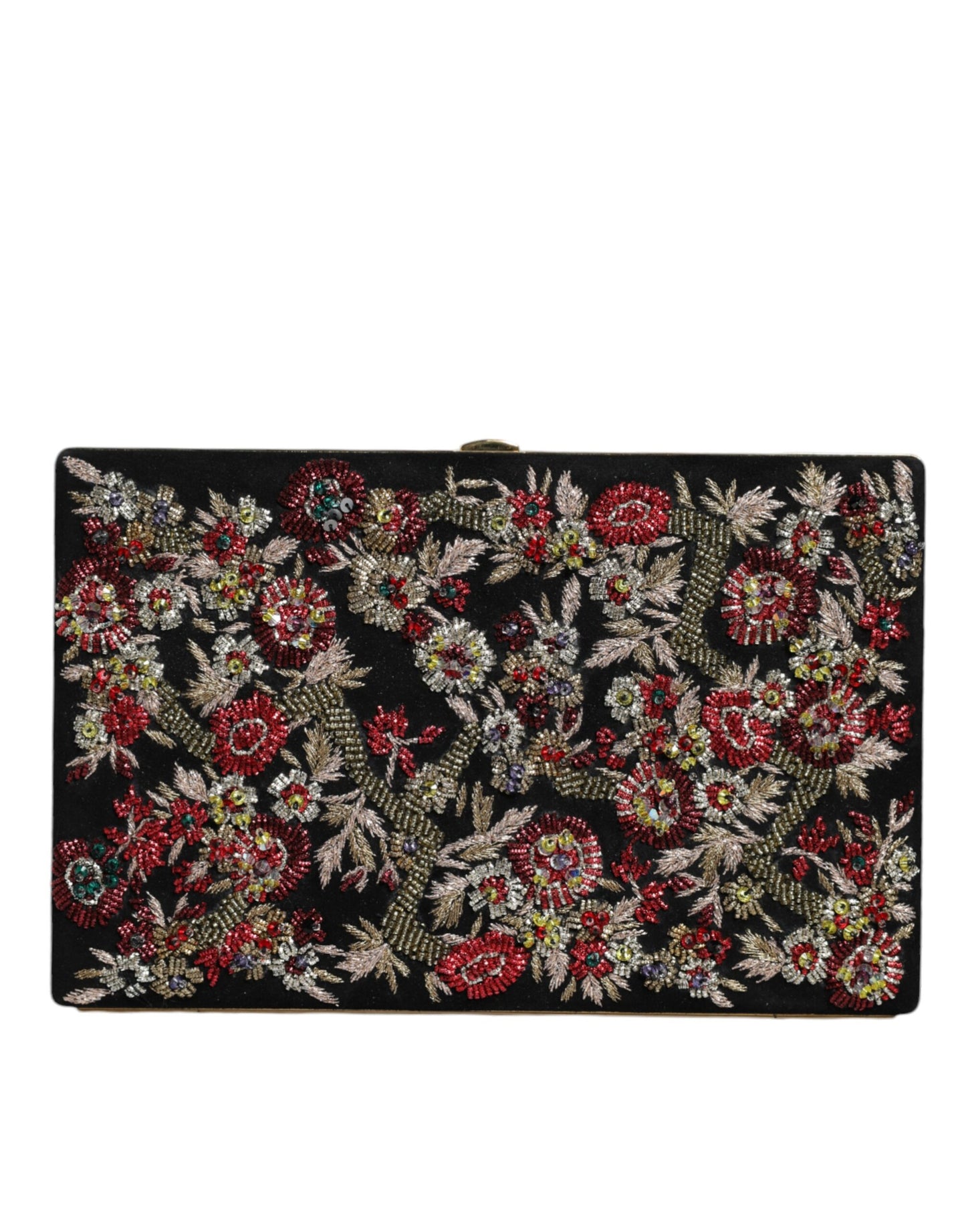 Bolso de noche tipo clutch con marco dorado y flores multicolores