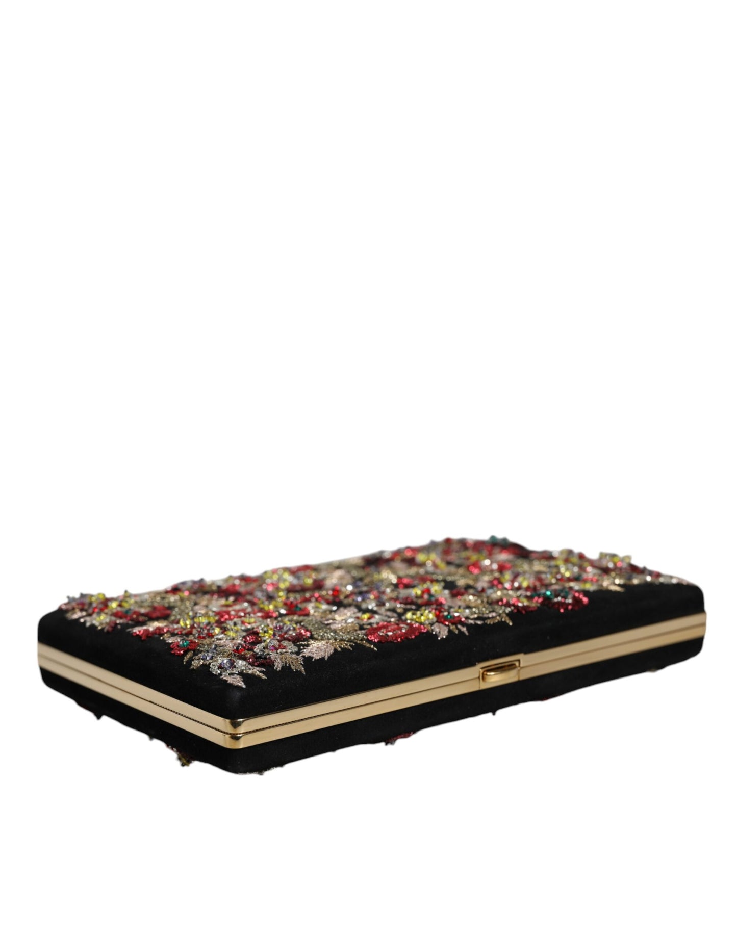 Bolso de noche tipo clutch con marco dorado y flores multicolores