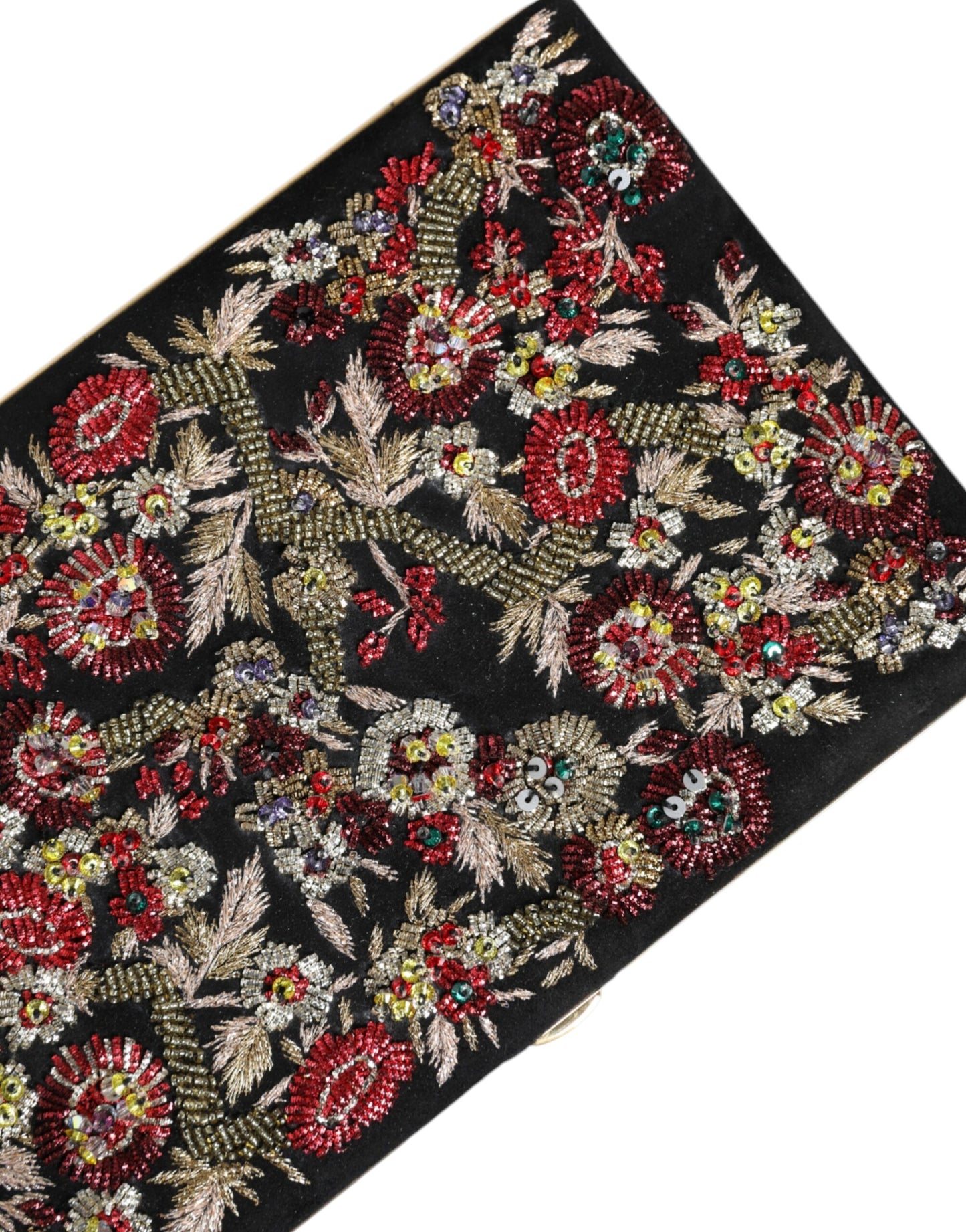 Bolso de noche tipo clutch con marco dorado y flores multicolores