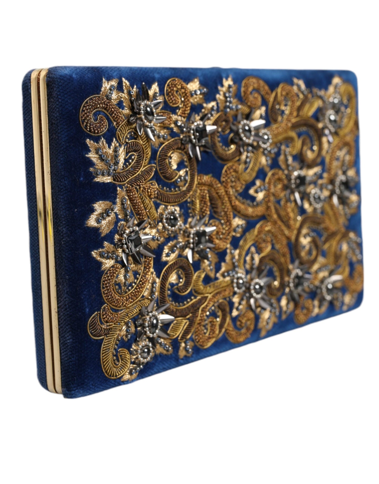 Bolso de mano de terciopelo azul con marco dorado para fiesta de noche