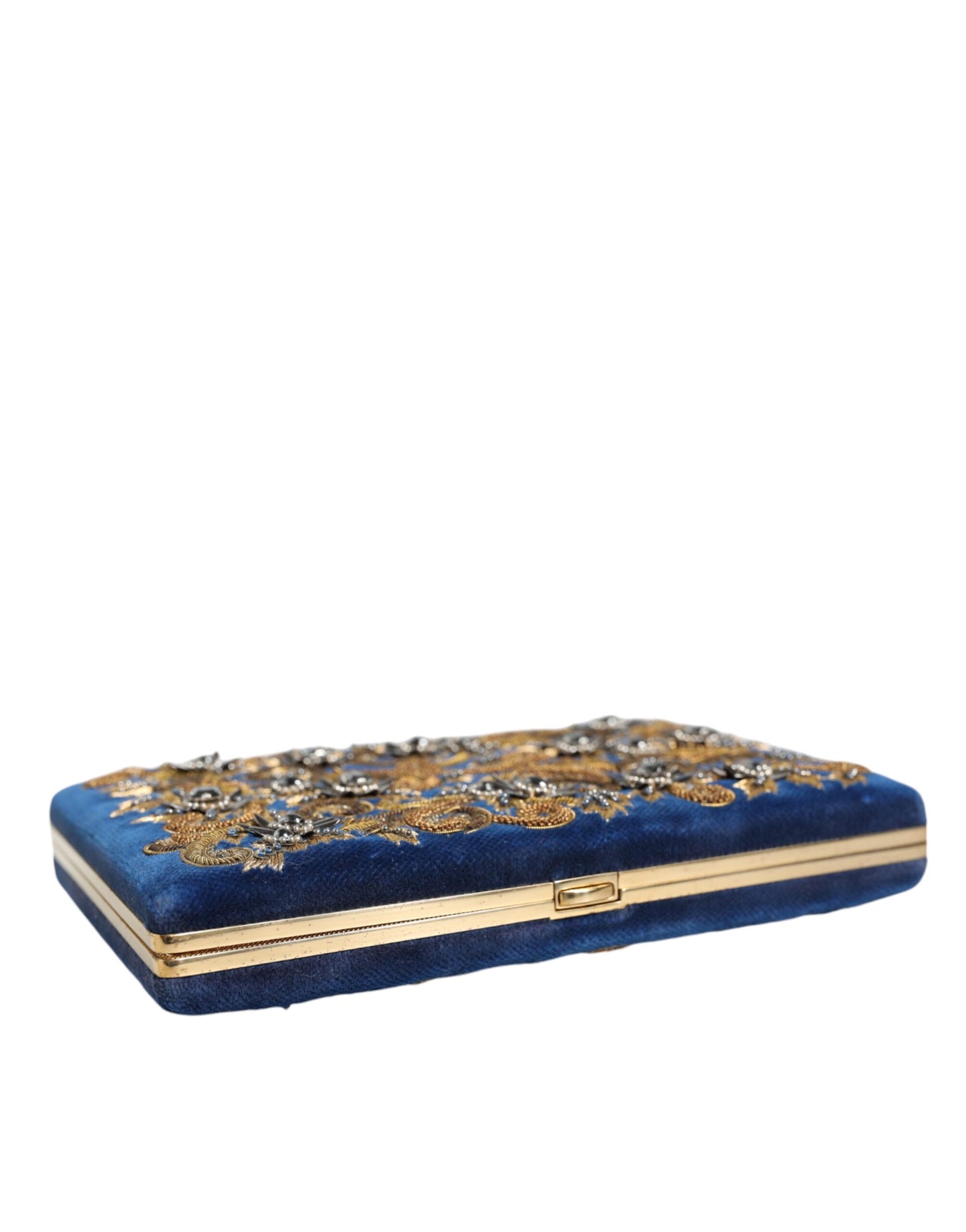 Bolso de mano de terciopelo azul con marco dorado para fiesta de noche