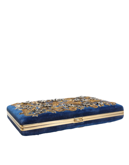 Bolso de mano de terciopelo azul con marco dorado para fiesta de noche