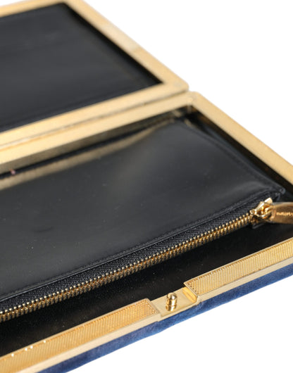 Bolso de mano de terciopelo azul con marco dorado para fiesta de noche