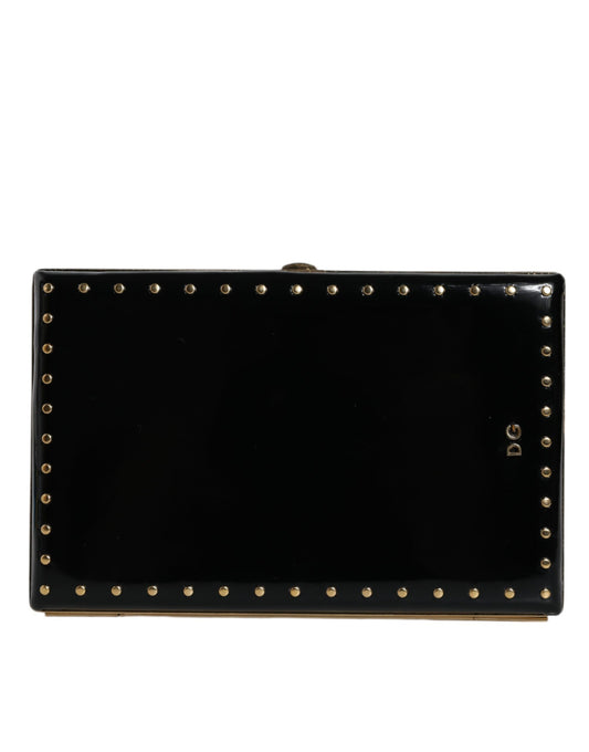 Bolso de noche tipo clutch de cuero negro con tachuelas y marco dorado