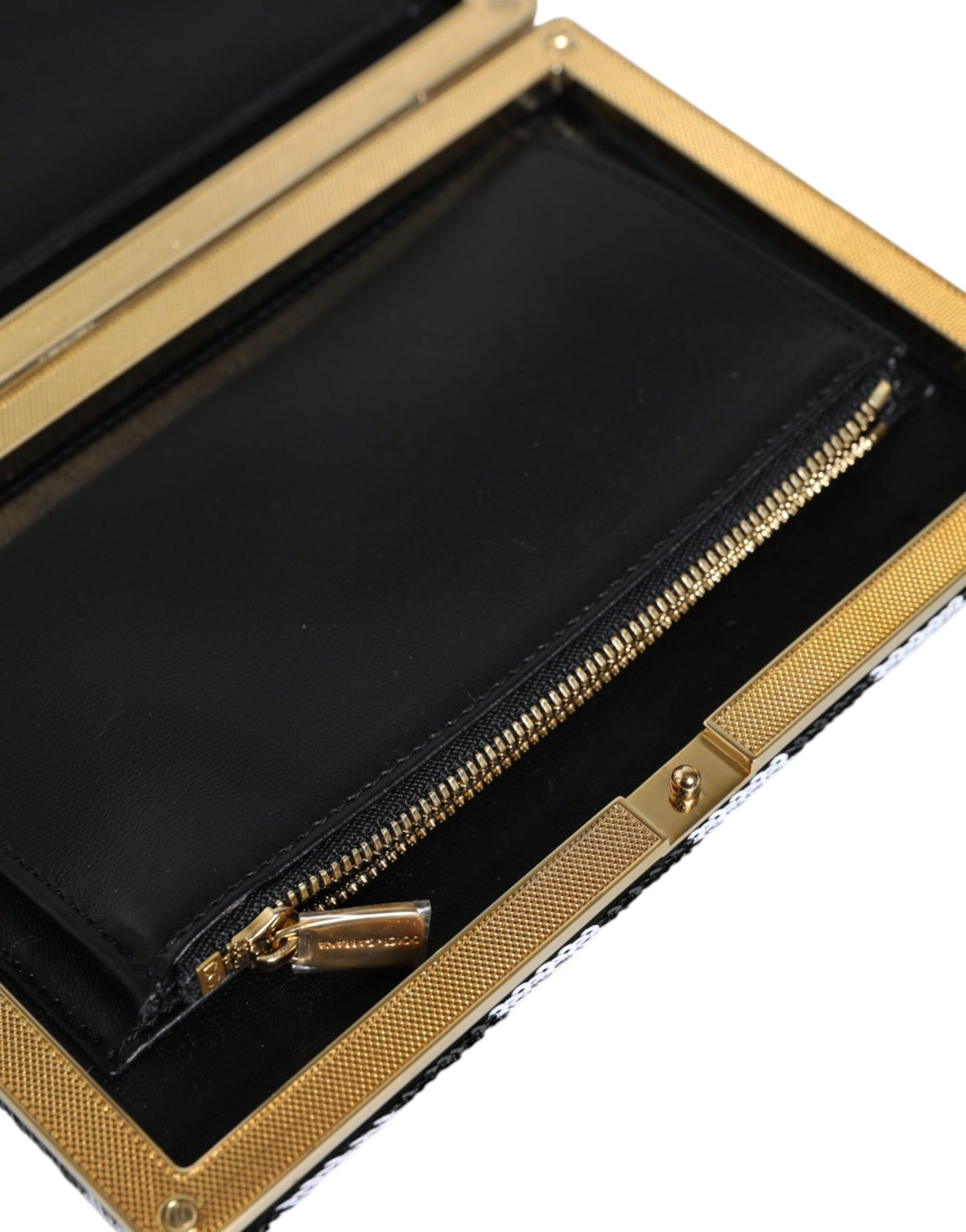 Bolso de mano para fiesta de noche con marco dorado, blanco y negro