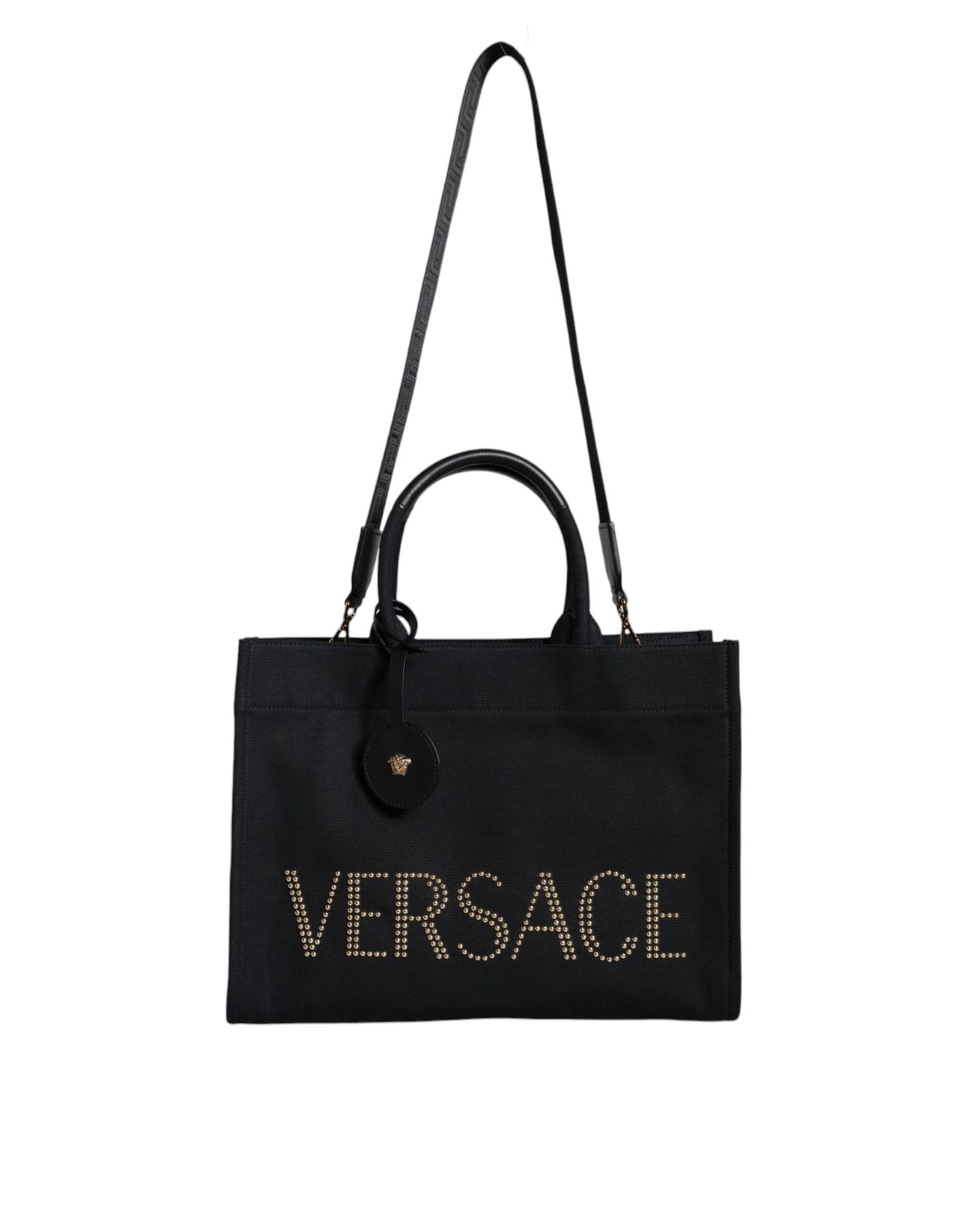 Bolso bandolera de lona negra con asa superior, de cuero y logotipo