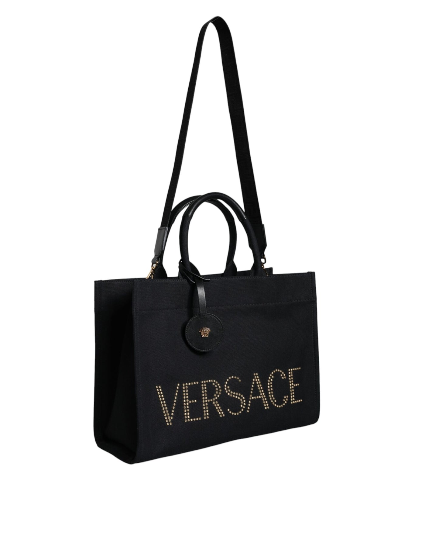 Bolso bandolera de lona negra con asa superior, de cuero y logotipo
