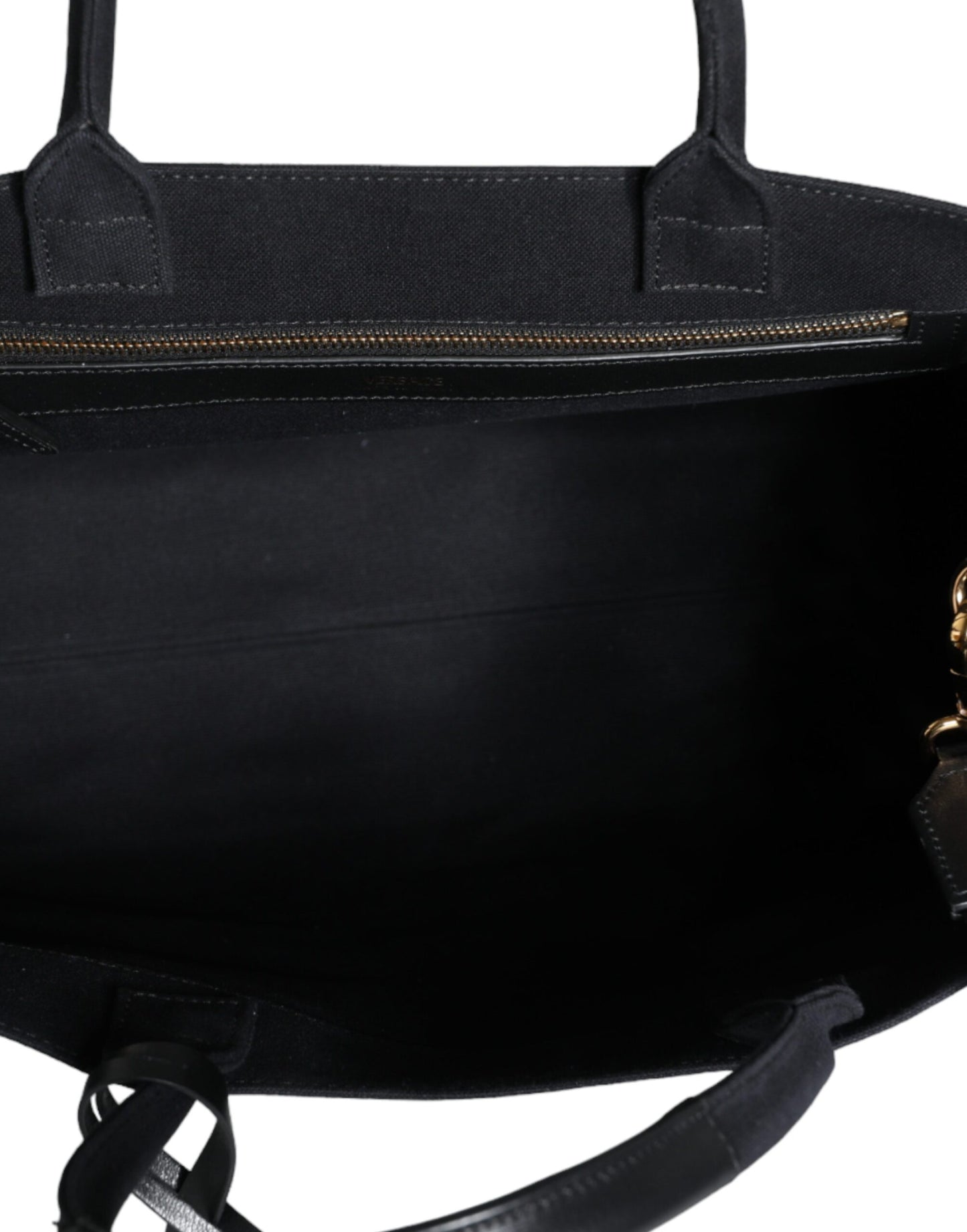 Bolso bandolera de lona negra con asa superior, de cuero y logotipo