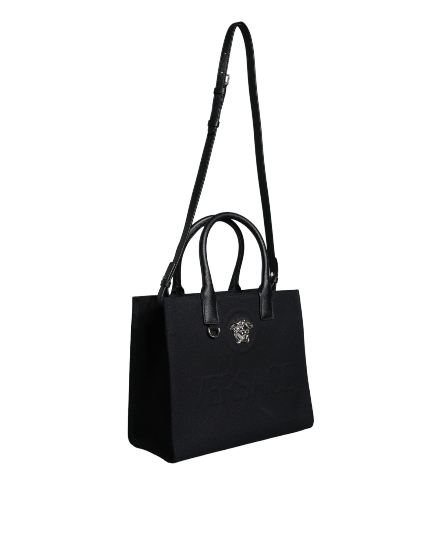 Bolso bandolera de lona negra con asa superior, de cuero y logotipo