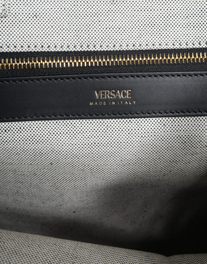 Bolso bandolera de lona blanca con asa superior, de cuero y logotipo