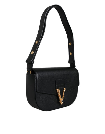 Bolso bandolera de piel de becerro granulada negra con logotipo