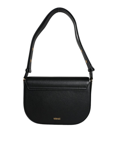 Bolso bandolera de piel de becerro granulada negra con logotipo