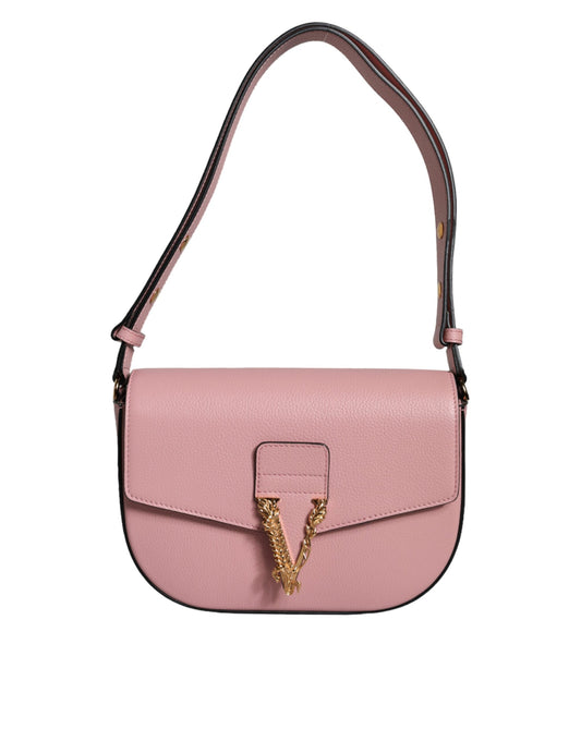 Bolso bandolera de piel de becerro granulada rosa con logotipo