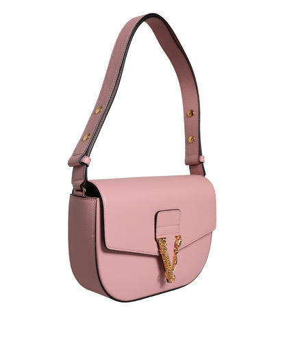 Bolso bandolera de piel de becerro granulada rosa con logotipo