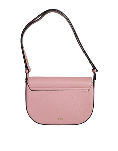 Bolso bandolera de piel de becerro granulada rosa con logotipo