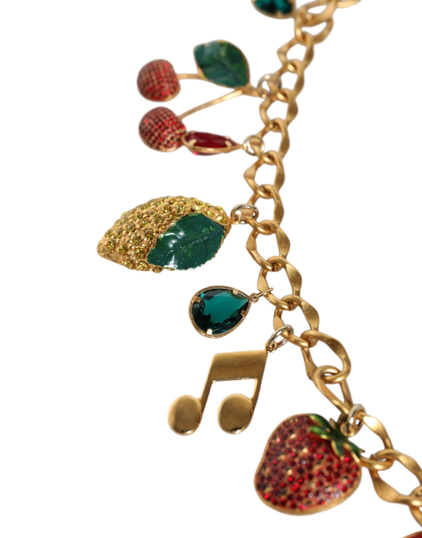 Cinturón de cadena de latón dorado con cristales frutales