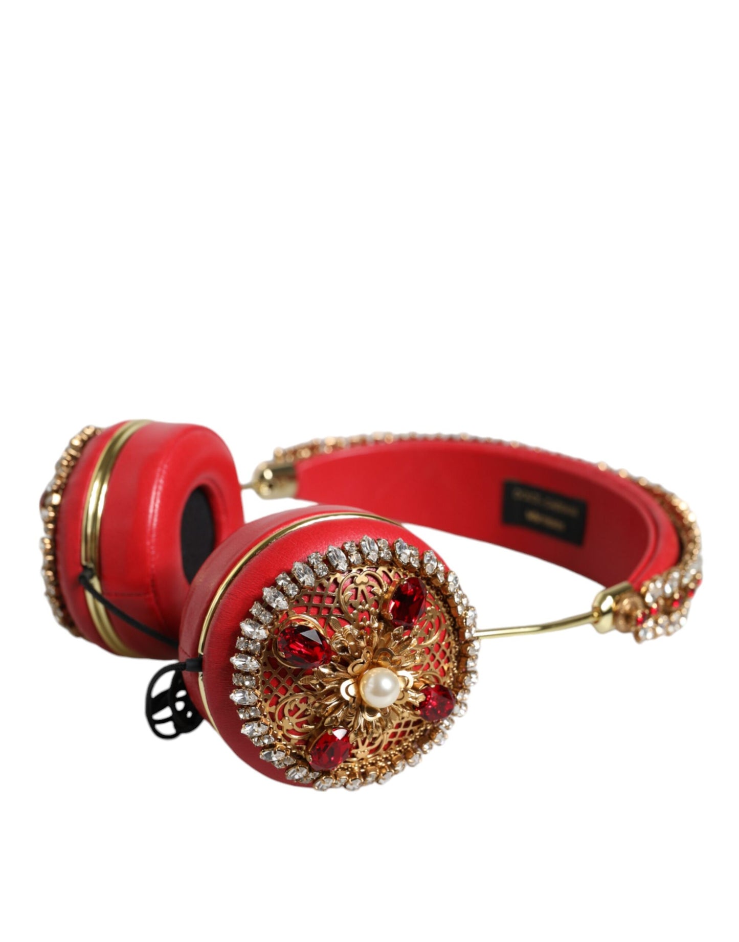 Auriculares de piel de napa roja con cristales y diseño floral