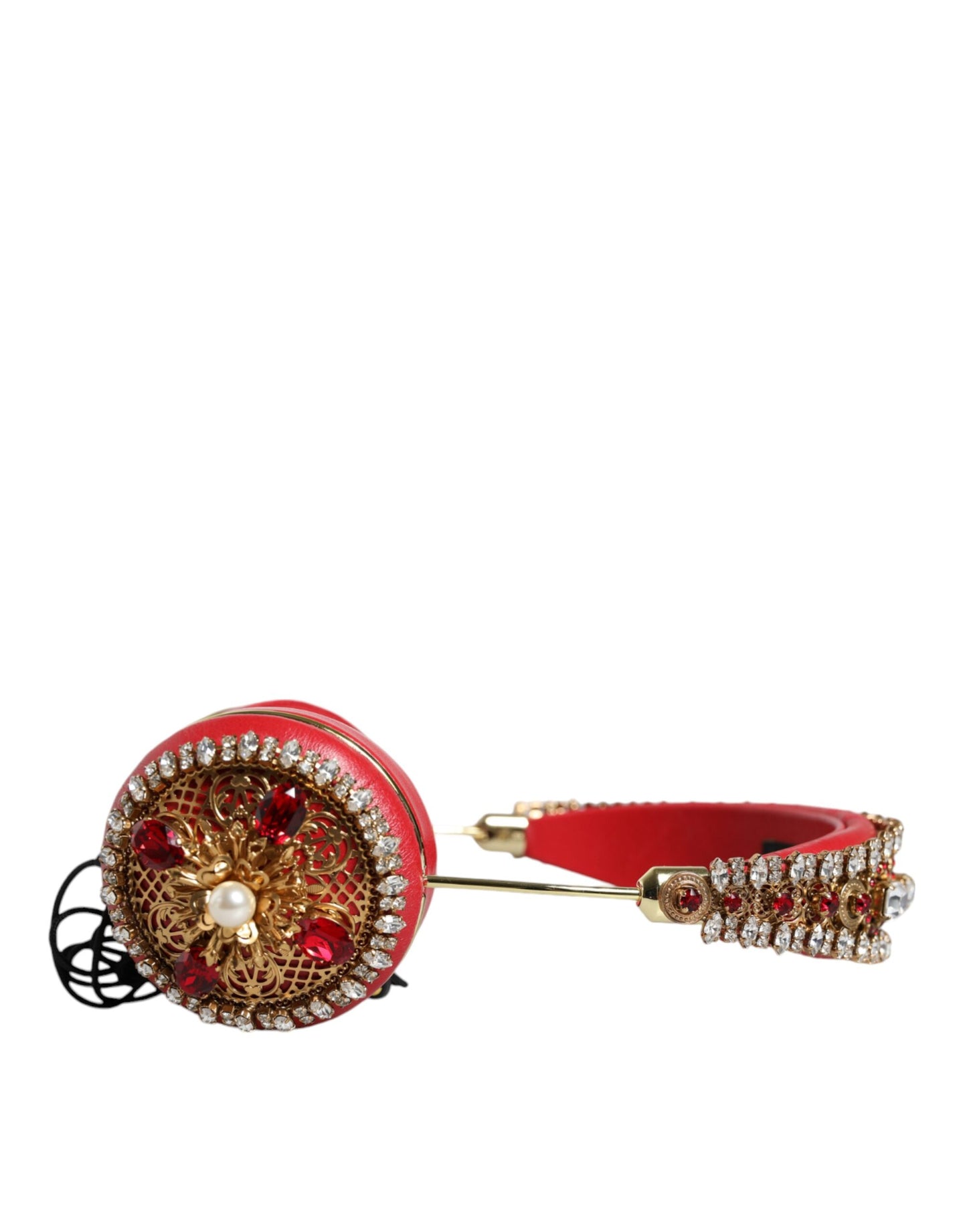 Auriculares de piel de napa roja con cristales y diseño floral