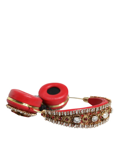 Auriculares de piel de napa roja con cristales y diseño floral