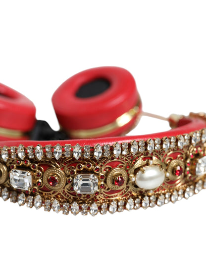 Auriculares de piel de napa roja con cristales y diseño floral