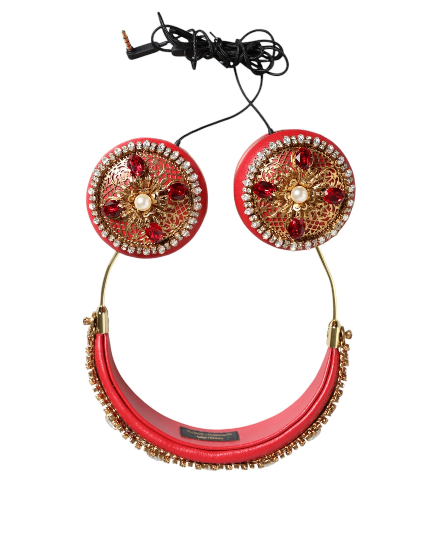 Auriculares de piel de napa roja con cristales y diseño floral