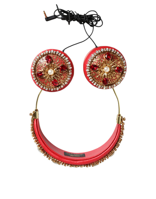 Auriculares de piel de napa roja con cristales y diseño floral