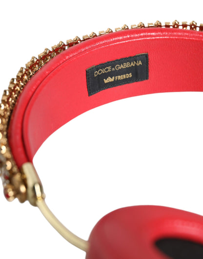 Auriculares de piel de napa roja con cristales y diseño floral