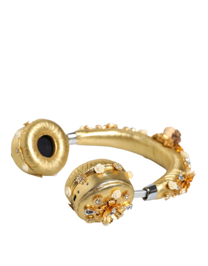 Auriculares de cuero dorado con diseño floral y ángel de cristal