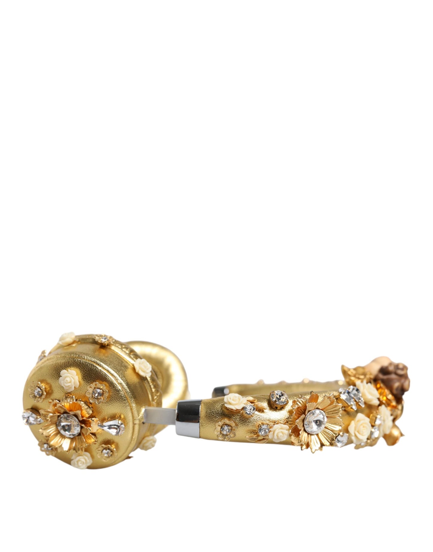 Auriculares de cuero dorado con diseño floral y ángel de cristal