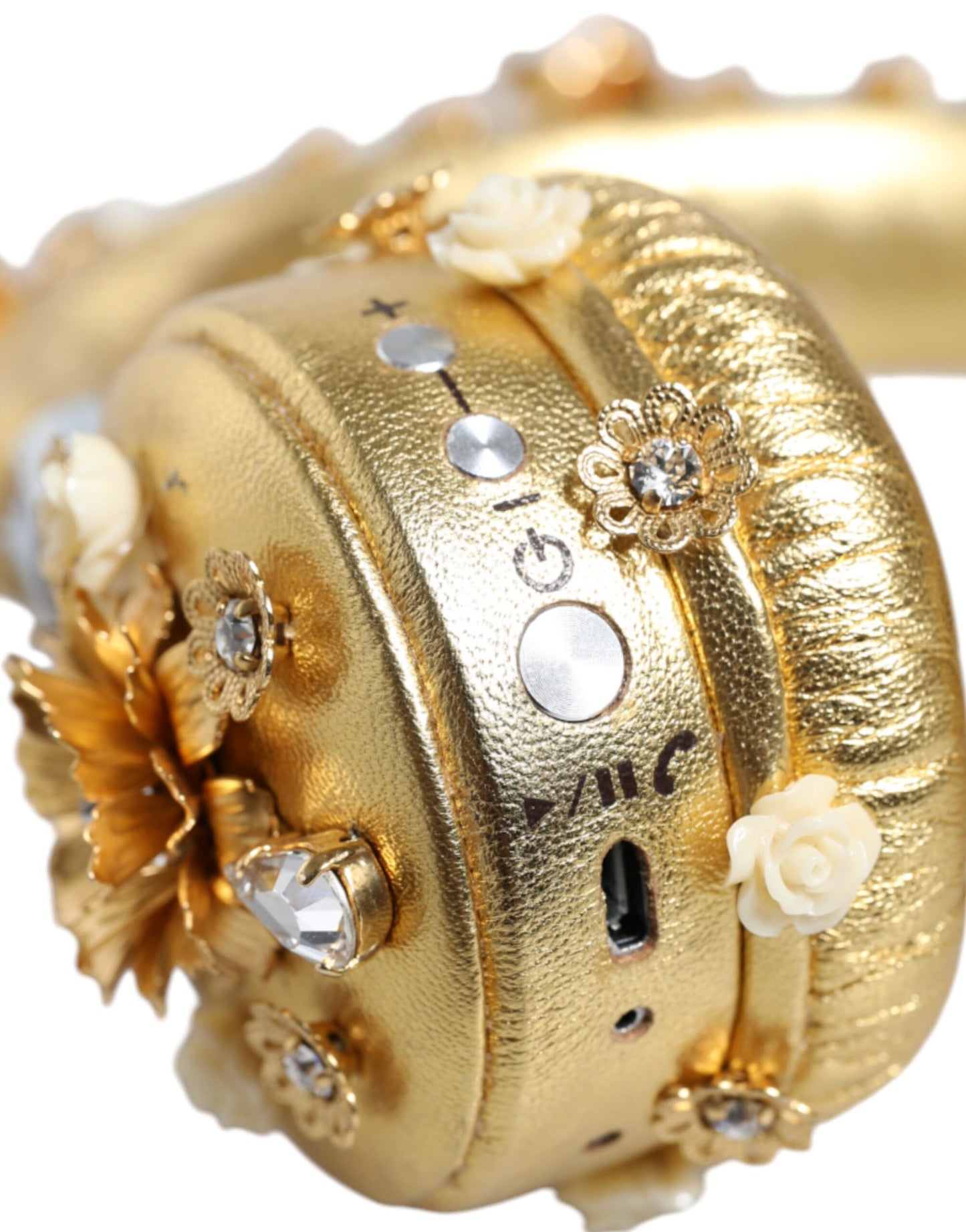 Auriculares de cuero dorado con diseño floral y ángel de cristal