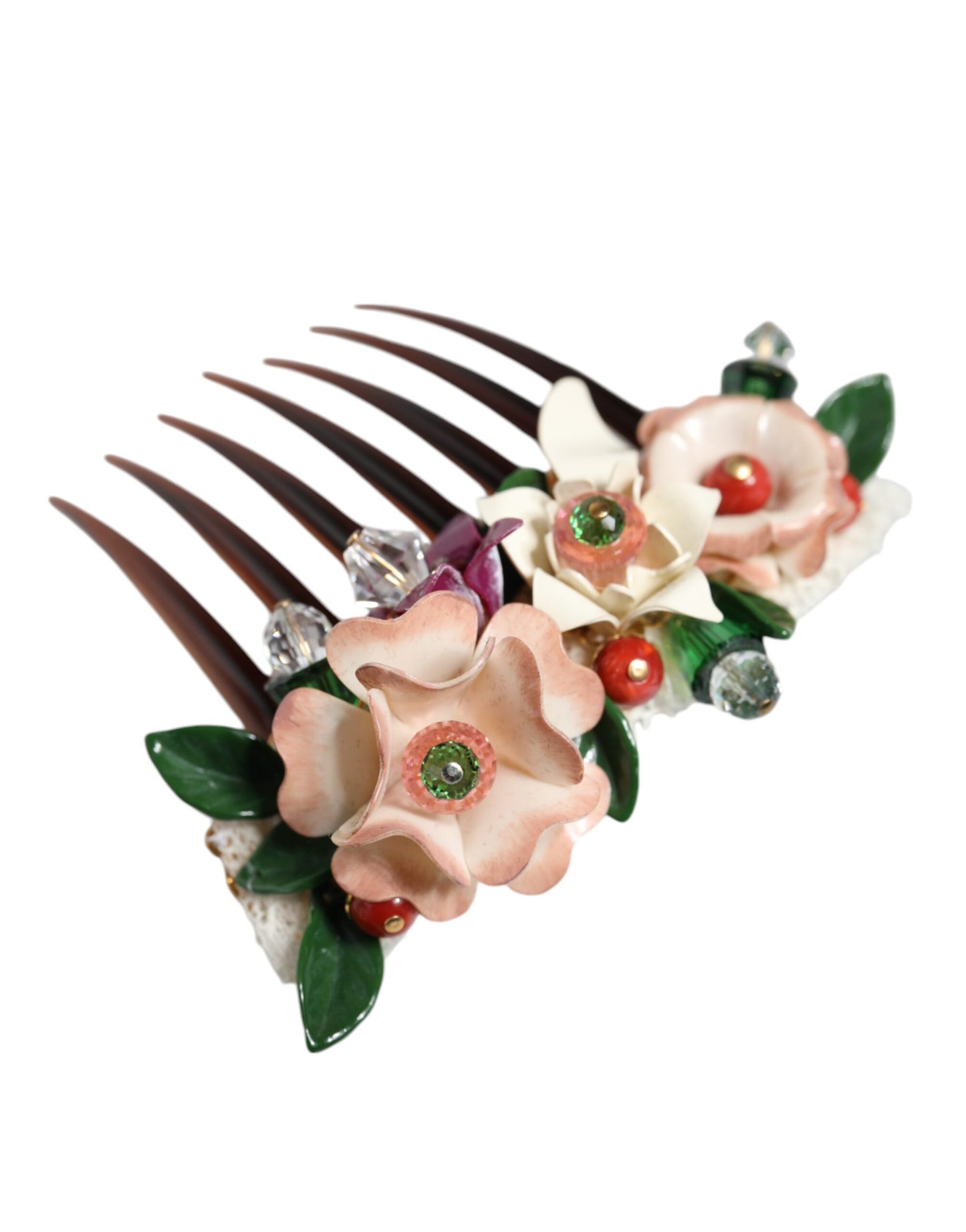 Peineta de plástico marrón con diseño floral de cristal para mujer