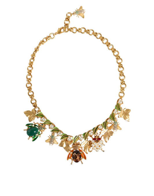 Collar llamativo con colgante de insecto de cristal de latón dorado