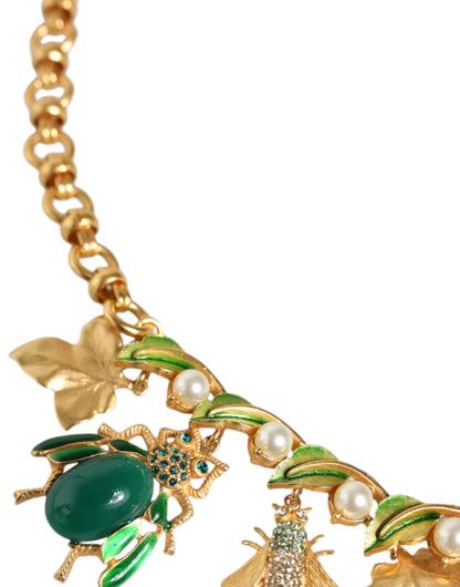 Collar llamativo con colgante de insecto de cristal de latón dorado